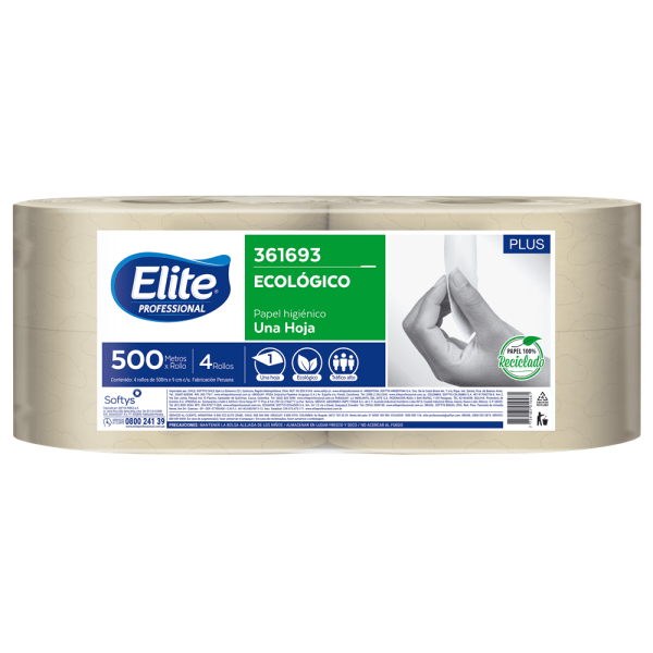 Papel Higiénico Elite Plus natural, bolsa x 4 x 500 mts