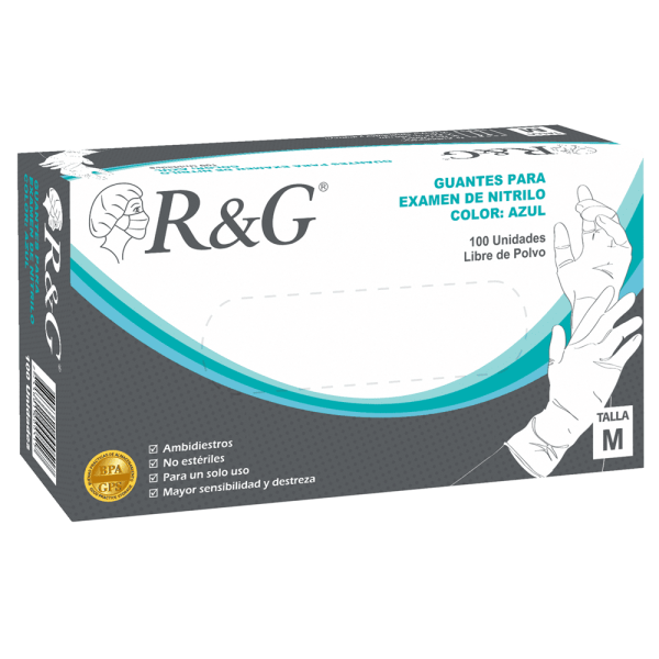 Caja de 100 unidades de guantes de nitrilo RyG libres de polvo, talla M.