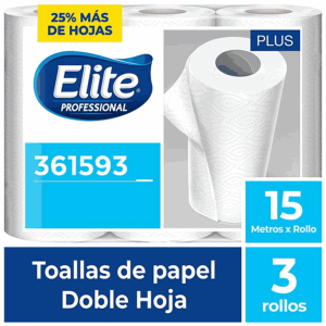 Bolsa con 3 rollos de papel toalla Elite doble hoja blanco de 15 metros.