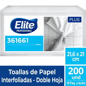 Caja con 18 paquetes de papel toalla interfoliado Elite Plus doble hoja de 38 gr.