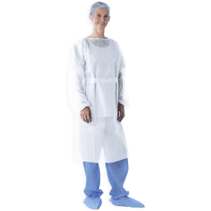 Mandilón de visita descartable R&G blanco con cuello recto y amarres posteriores